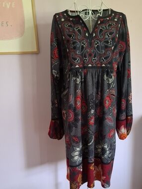 White Mark Black Long Sleeve Floral Boho Dress with Red Accents